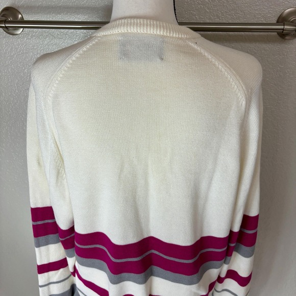 Cute Creamy Colored 90s Cotton Knit V-Neck Horizontal Striped Sweater Medium M - Picture 9 of 11